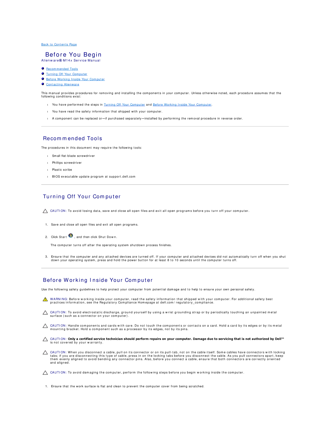 Alienware M14X Before You Begin, Recommended Tools, Turning Off Your Computer, Before Working Inside Your Computer 