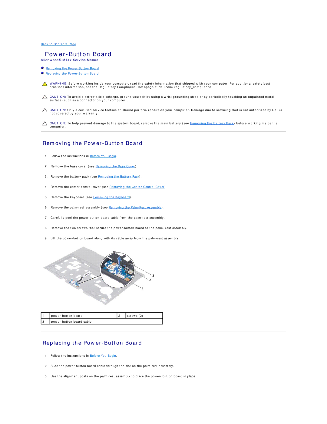 Alienware M14X service manual Removing the Power-Button Board, Replacing the Power-Button Board 