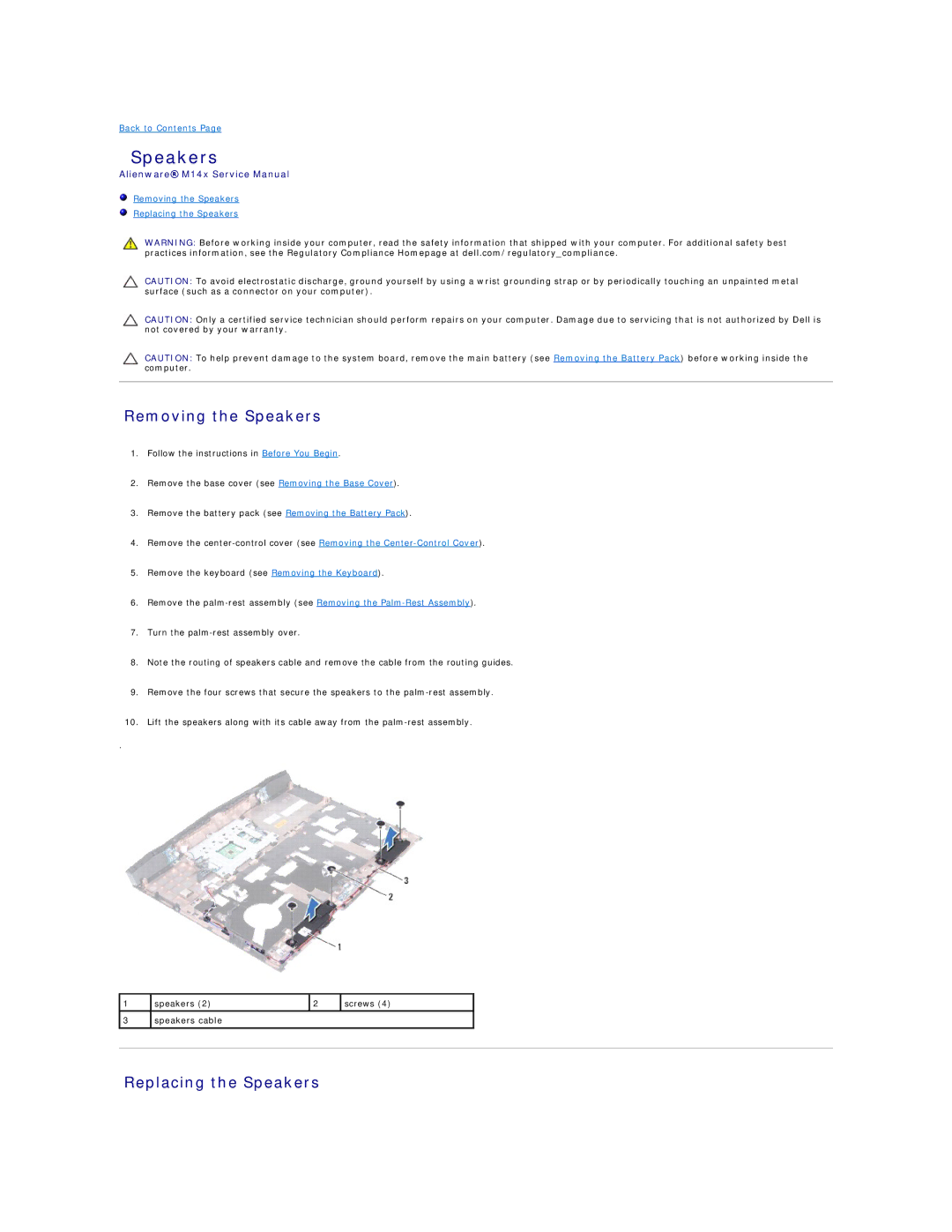 Alienware M14X service manual Removing the Speakers, Replacing the Speakers 