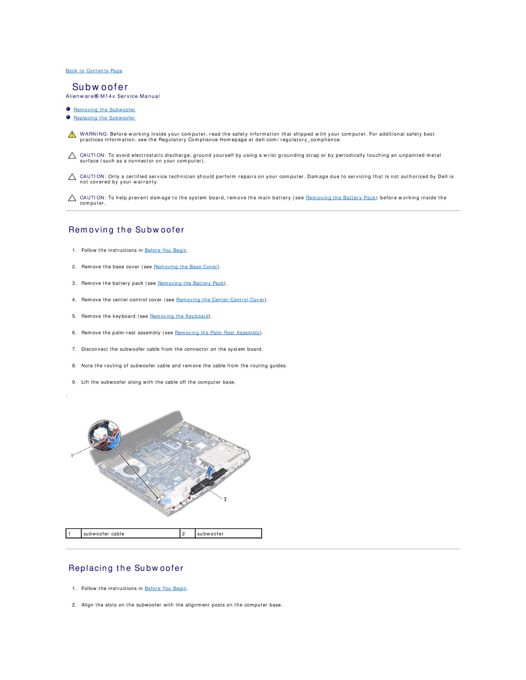 Alienware M14X service manual Removing the Subwoofer, Replacing the Subwoofer 