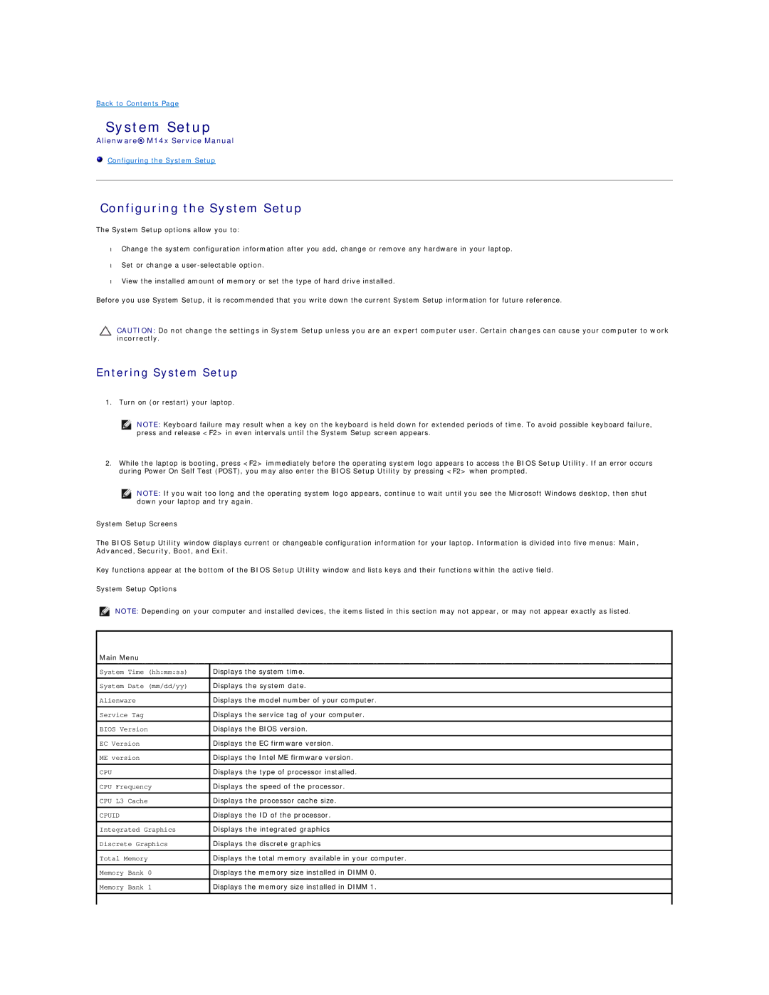 Alienware M14X service manual Configuring the System Setup 