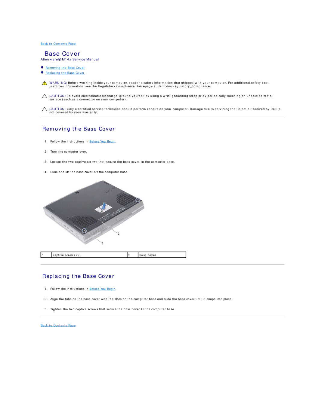 Alienware M14X service manual Removing the Base Cover, Replacing the Base Cover 