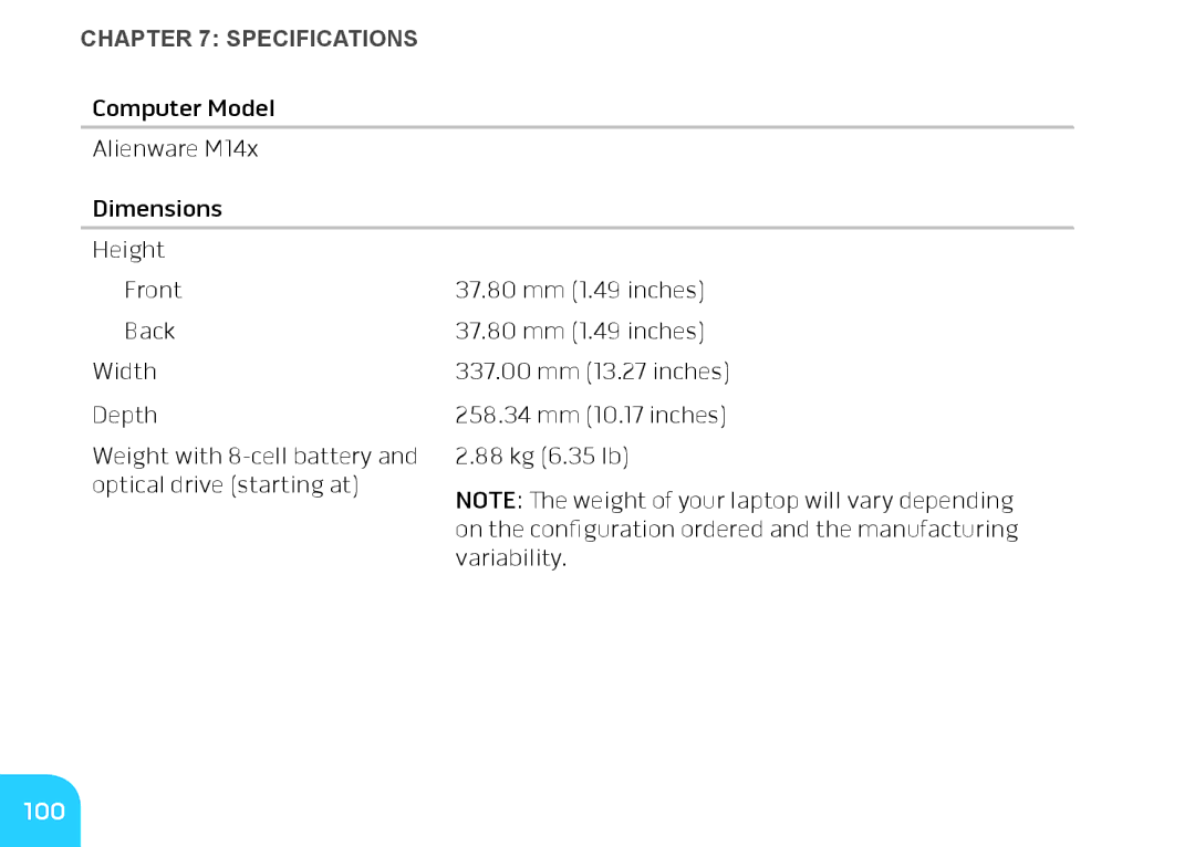 Alienware M14X manual 100, ﻿Pecifications﻿ 