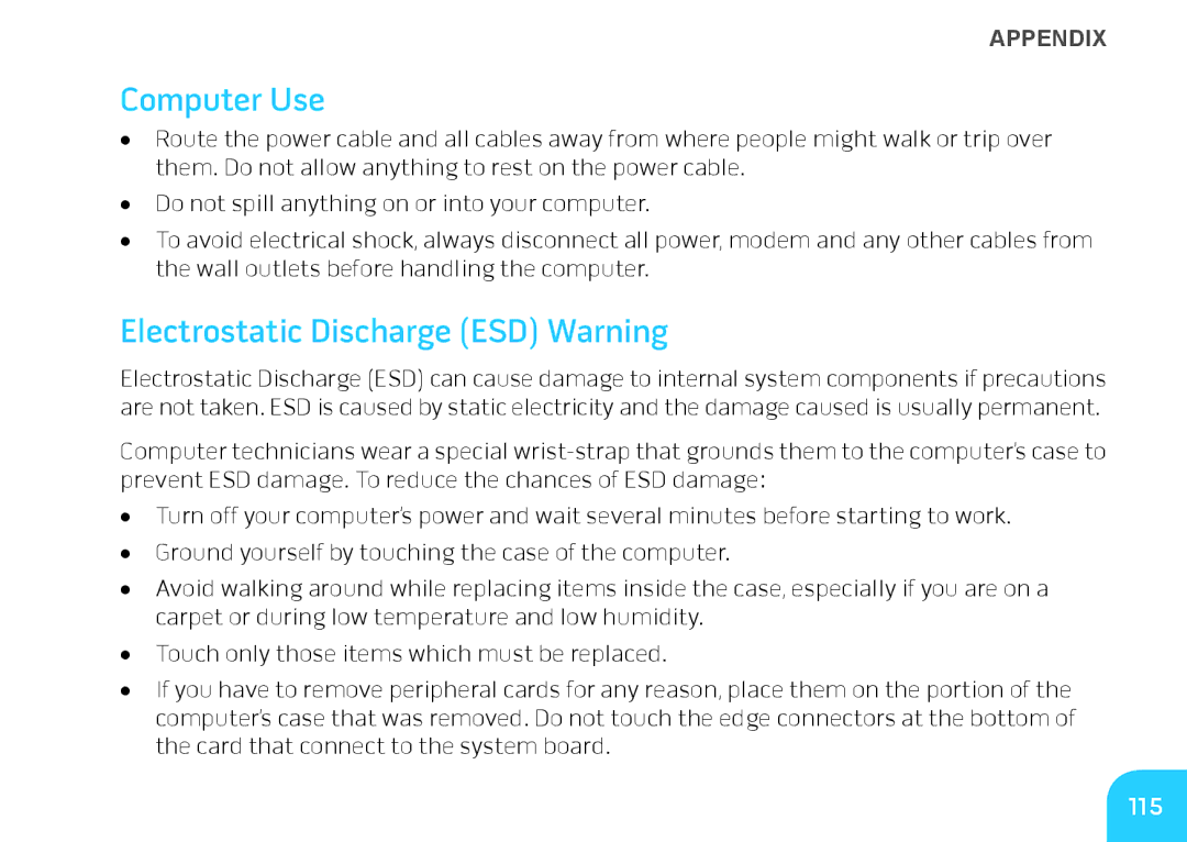 Alienware M14X manual Computer Use, Electrostatic Discharge ESD Warning, 115 