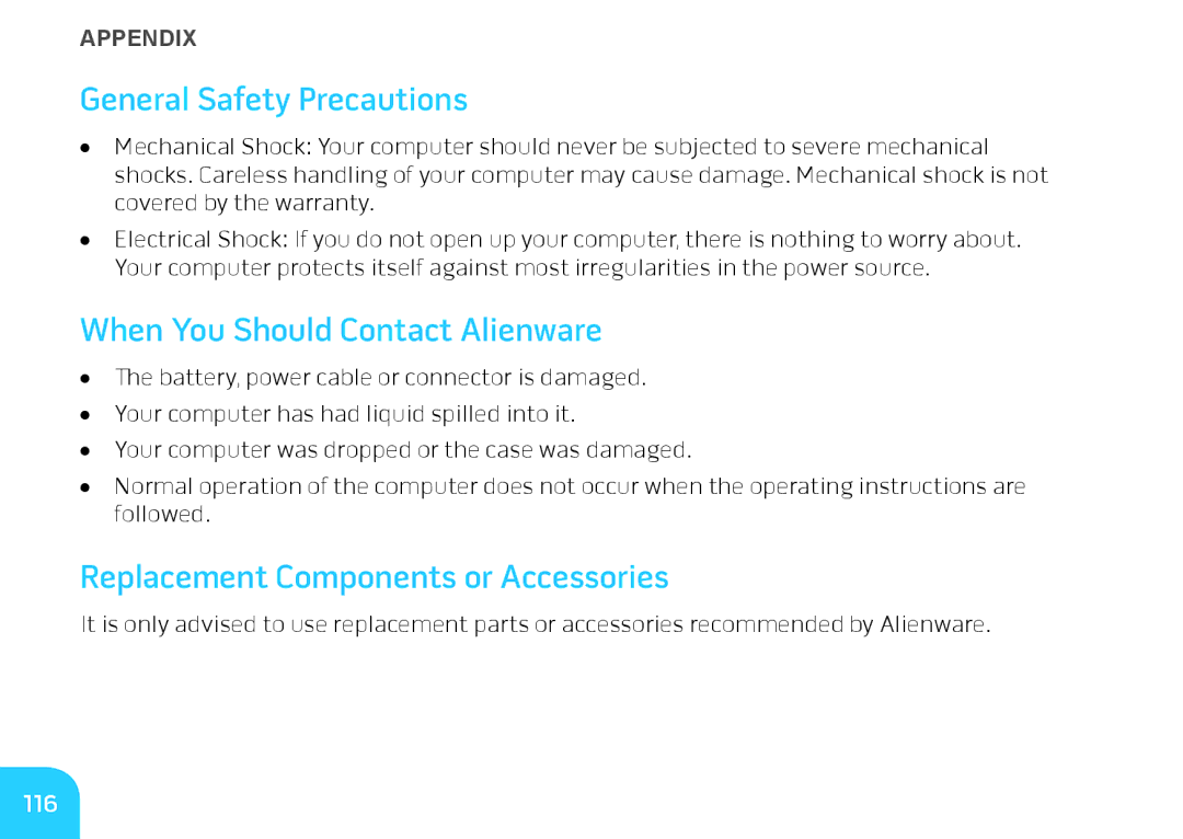 Alienware M14X General Safety Precautions, When You Should Contact Alienware, Replacement Components or Accessories, 116 