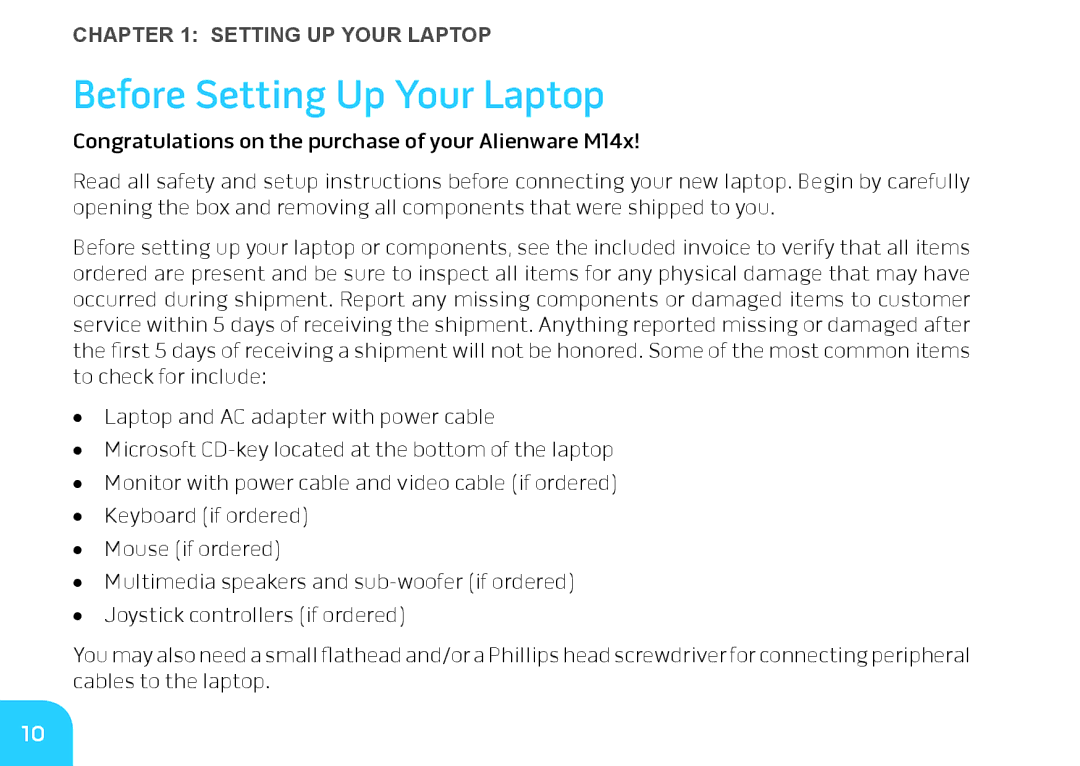 Alienware M14X manual Before Setting Up Your Laptop 