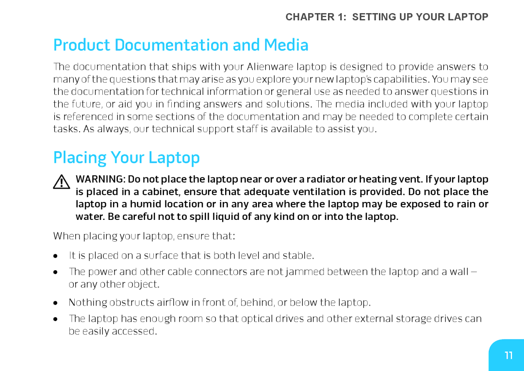 Alienware M14X manual Product Documentation and Media, Placing Your Laptop 