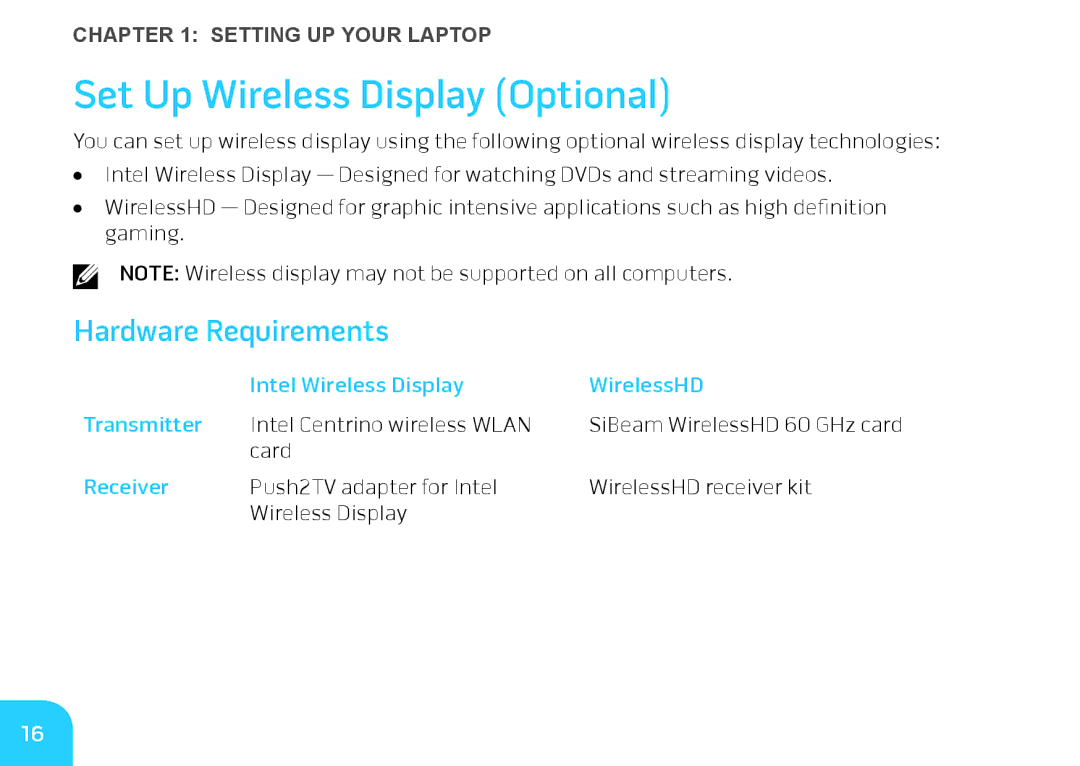 Alienware M14X manual Set Up Wireless Display Optional, Hardware Requirements 