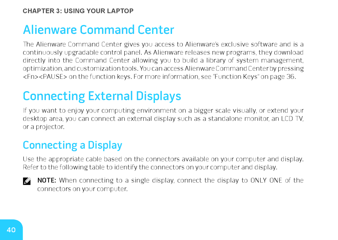 Alienware M14X manual Alienware Command Center, Connecting External Displays, Connecting a Display 