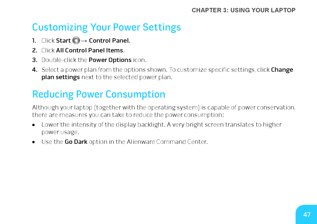 Alienware M14X manual Customizing Your Power Settings, Reducing Power Consumption 