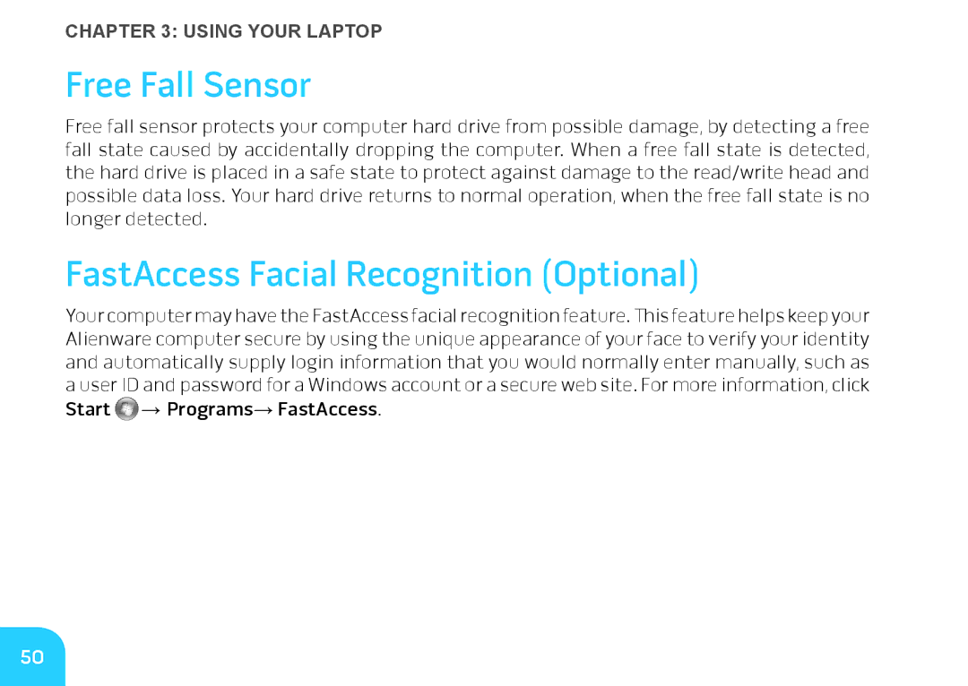 Alienware M14X manual Free Fall Sensor, FastAccess Facial Recognition Optional 