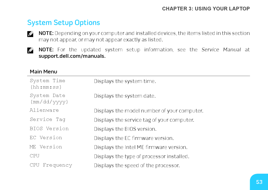 Alienware M14X manual System Setup Options, Cpu 