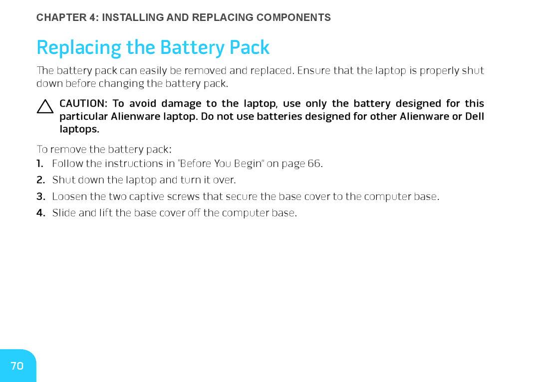 Alienware M14X manual Replacing the Battery Pack 