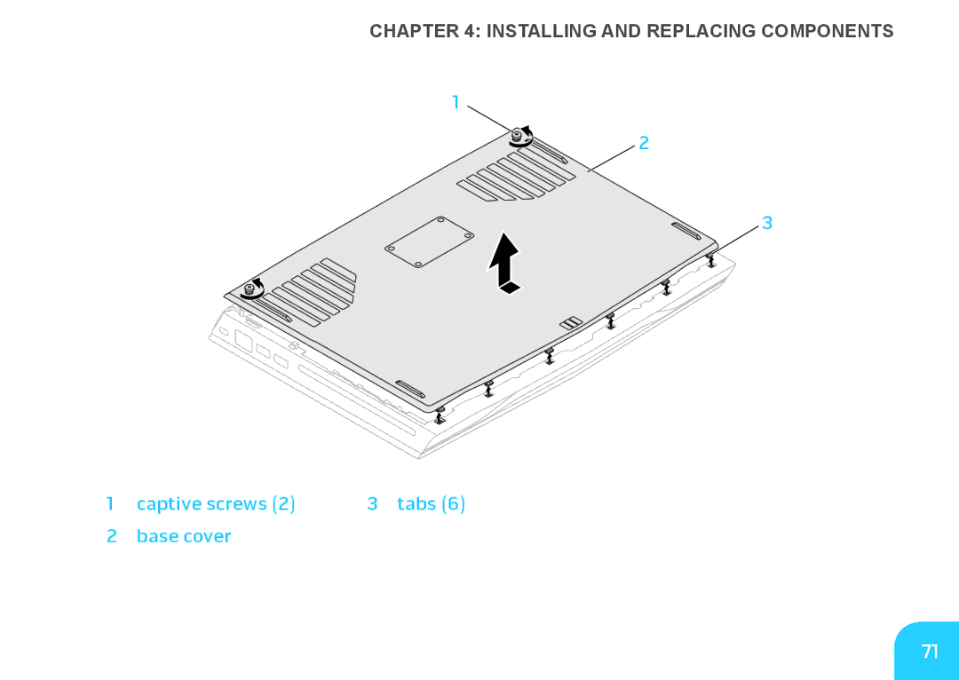 Alienware M14X manual Captive screws Tabs Base cover 