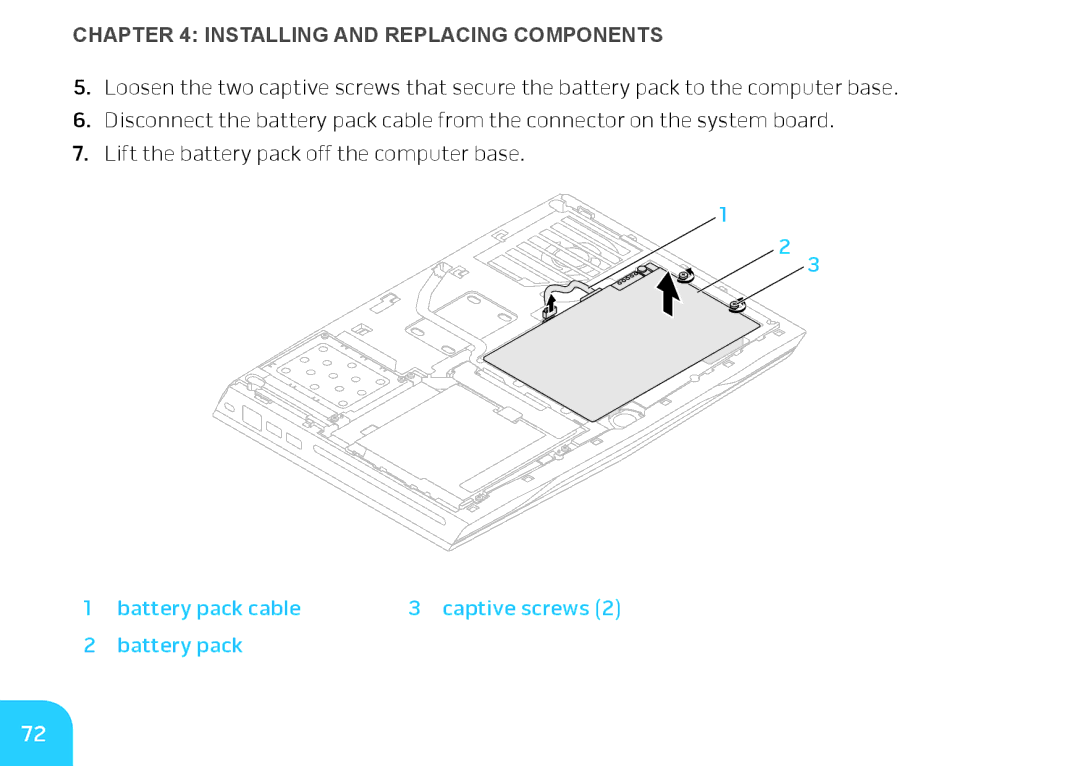 Alienware M14X manual Battery pack cable Captive screws 