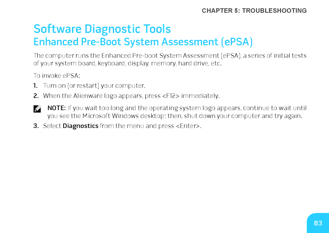 Alienware M14X manual Software Diagnostic Tools, Enhanced Pre-Boot System Assessment ePSA 