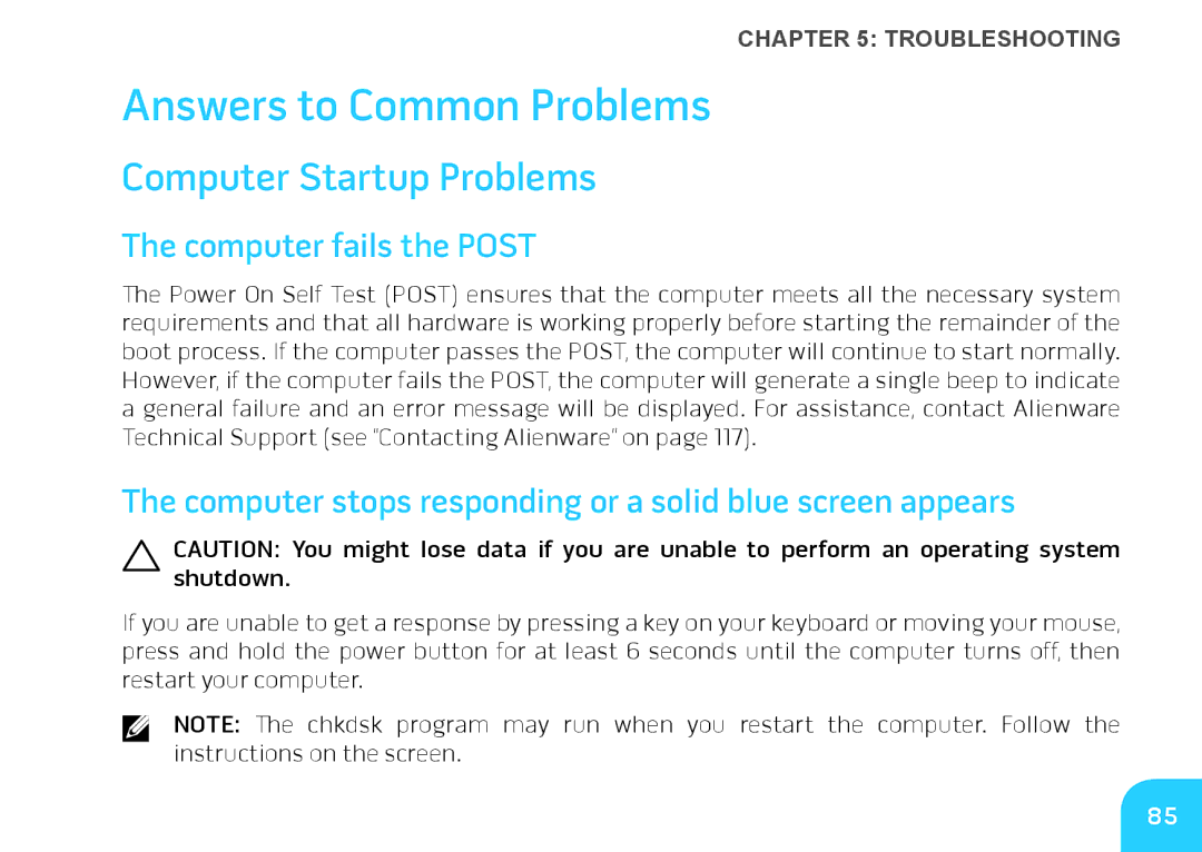 Alienware M14X manual Answers to Common Problems, Computer Startup Problems, Computer fails the Post 