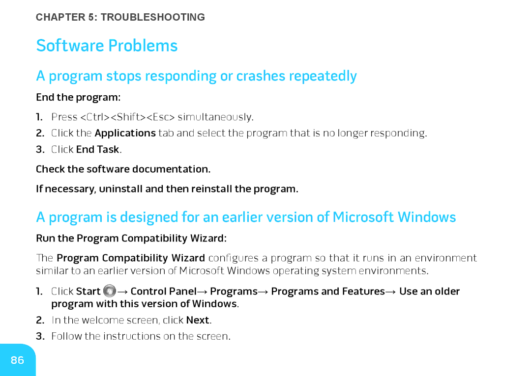 Alienware M14X manual Software Problems, Program stops responding or crashes repeatedly 