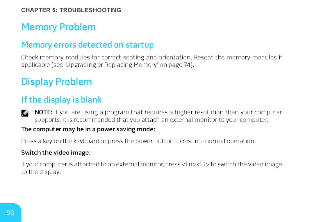 Alienware M14X manual Memory Problem, Display Problem, Memory errors detected on startup, If the display is blank 