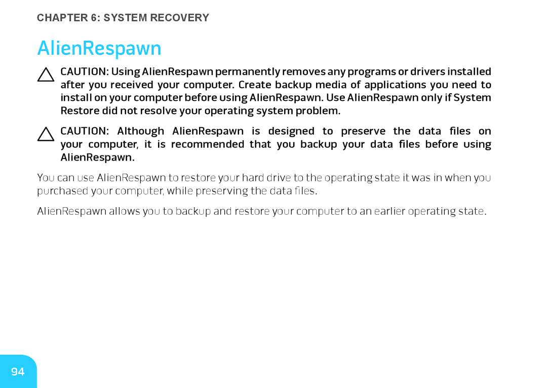 Alienware M14X manual AlienRespawn 