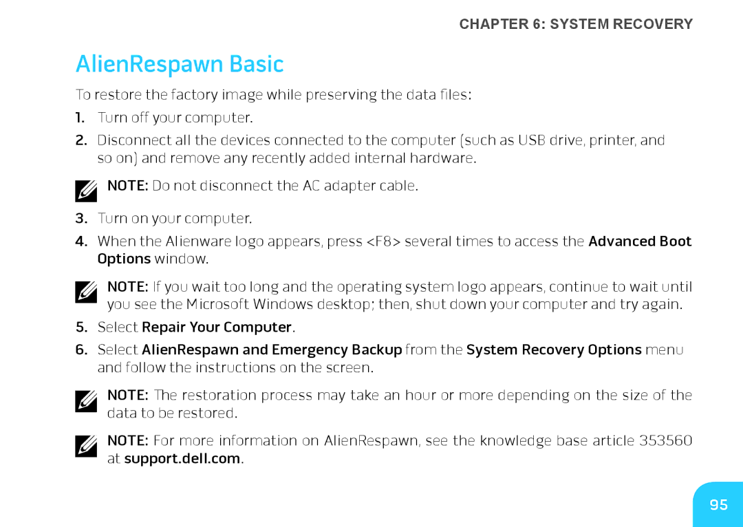 Alienware M14X manual AlienRespawn Basic 