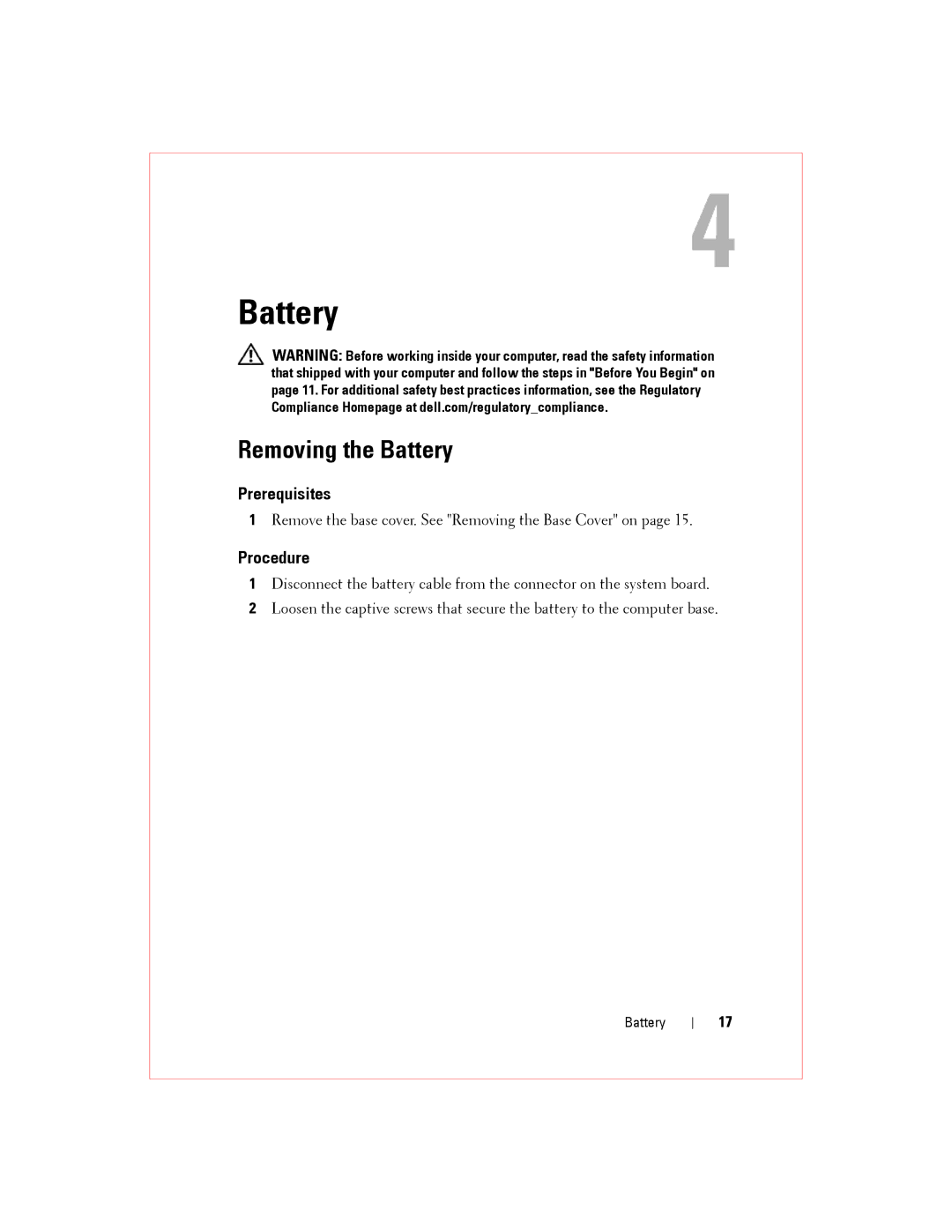 Alienware M14XR2 owner manual Removing the Battery 