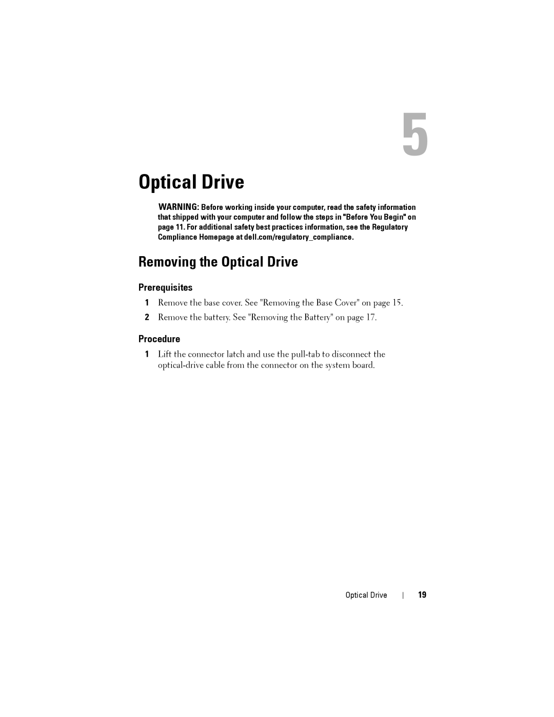 Alienware M14XR2 owner manual Removing the Optical Drive 