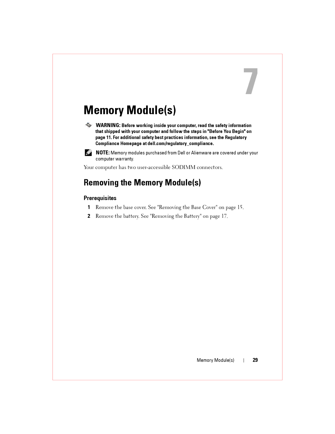 Alienware M14XR2 owner manual Removing the Memory Modules 