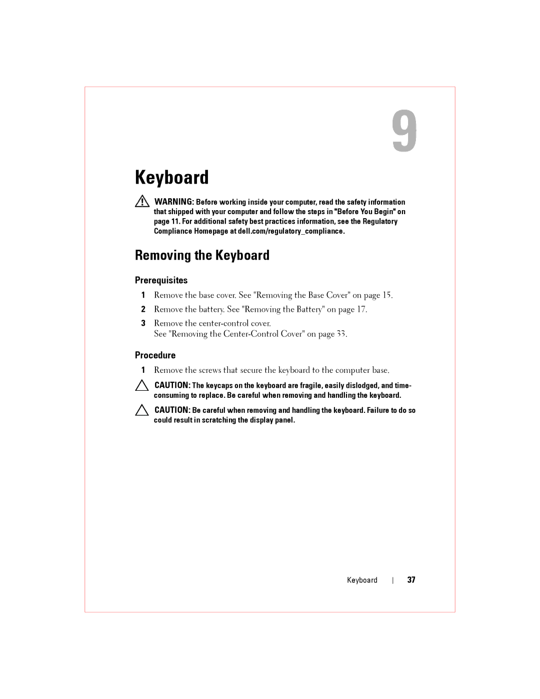 Alienware M14XR2 owner manual Removing the Keyboard 