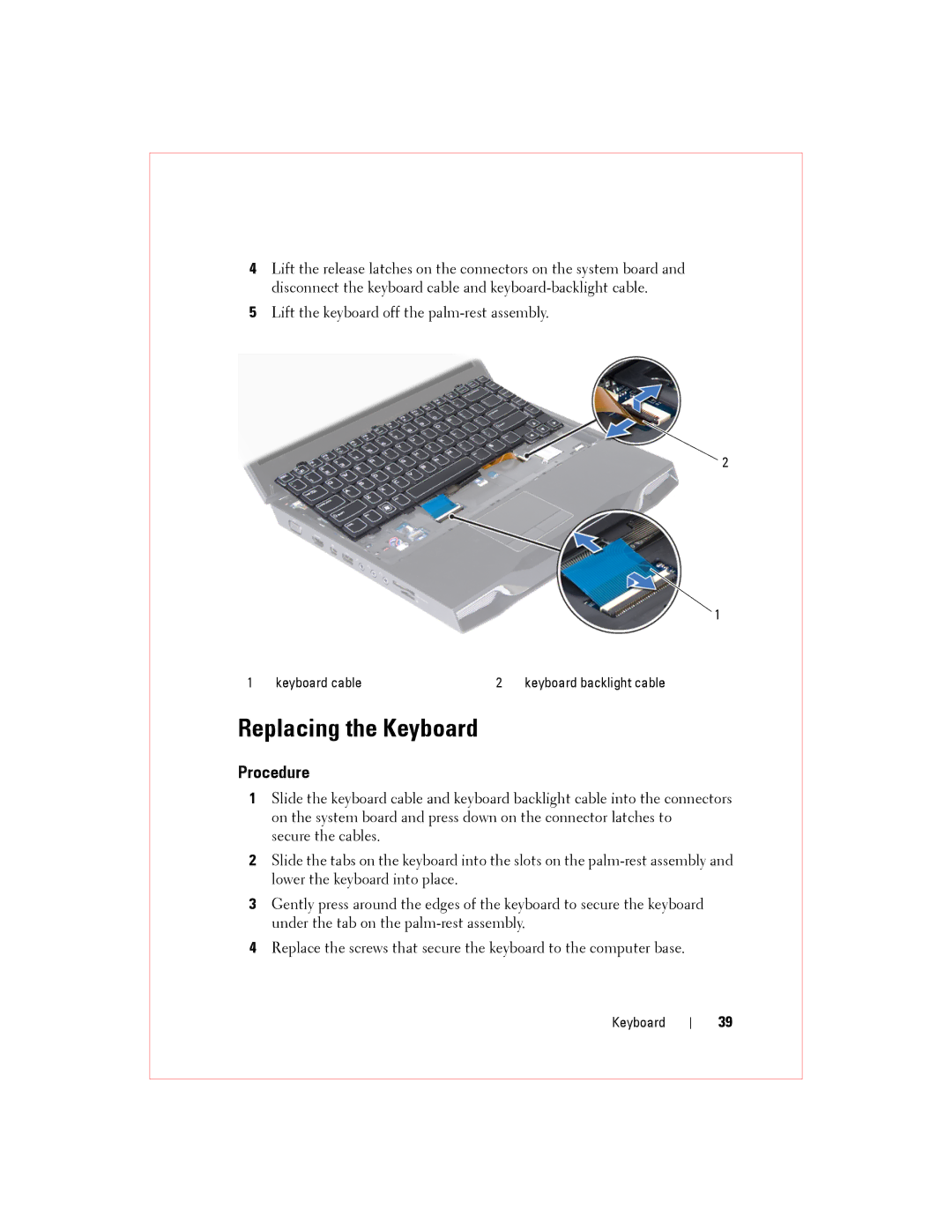 Alienware M14XR2 owner manual Replacing the Keyboard 