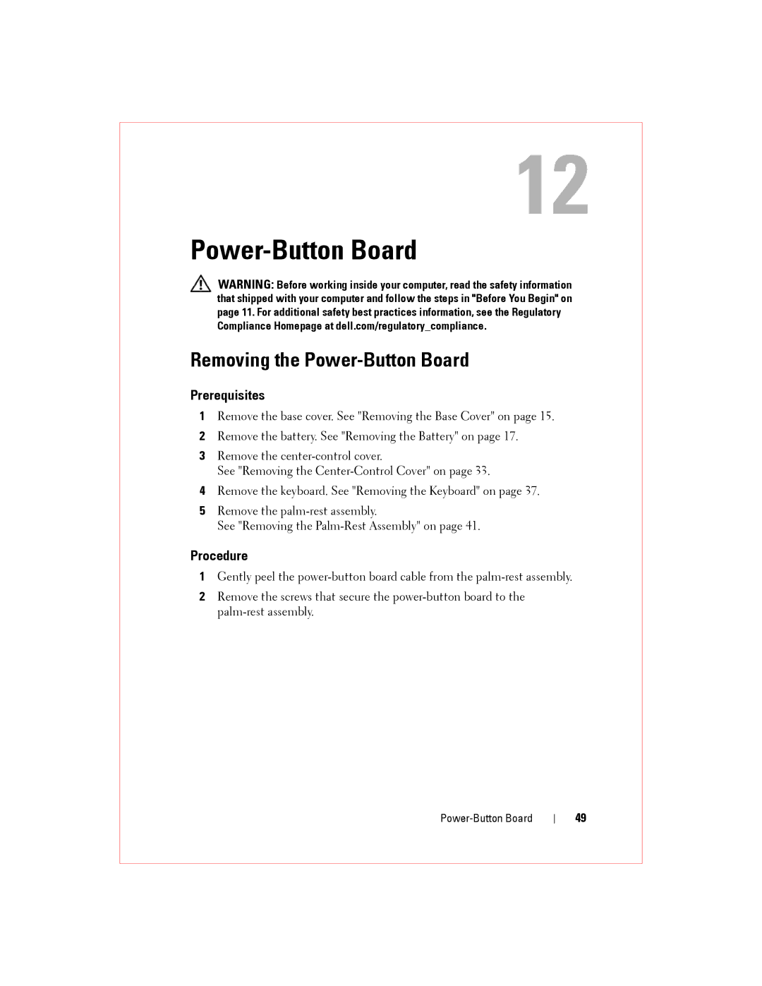 Alienware M14XR2 owner manual Removing the Power-Button Board 