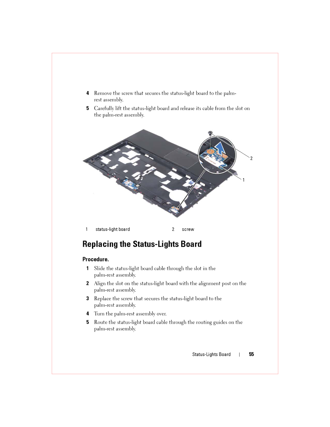 Alienware M14XR2 owner manual Replacing the Status-Lights Board 