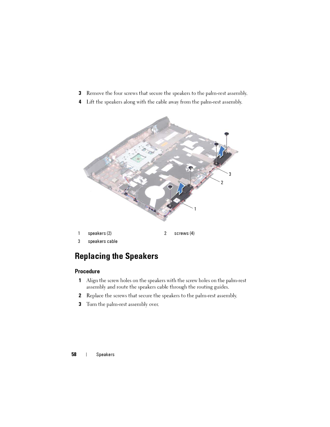 Alienware M14XR2 owner manual Replacing the Speakers 