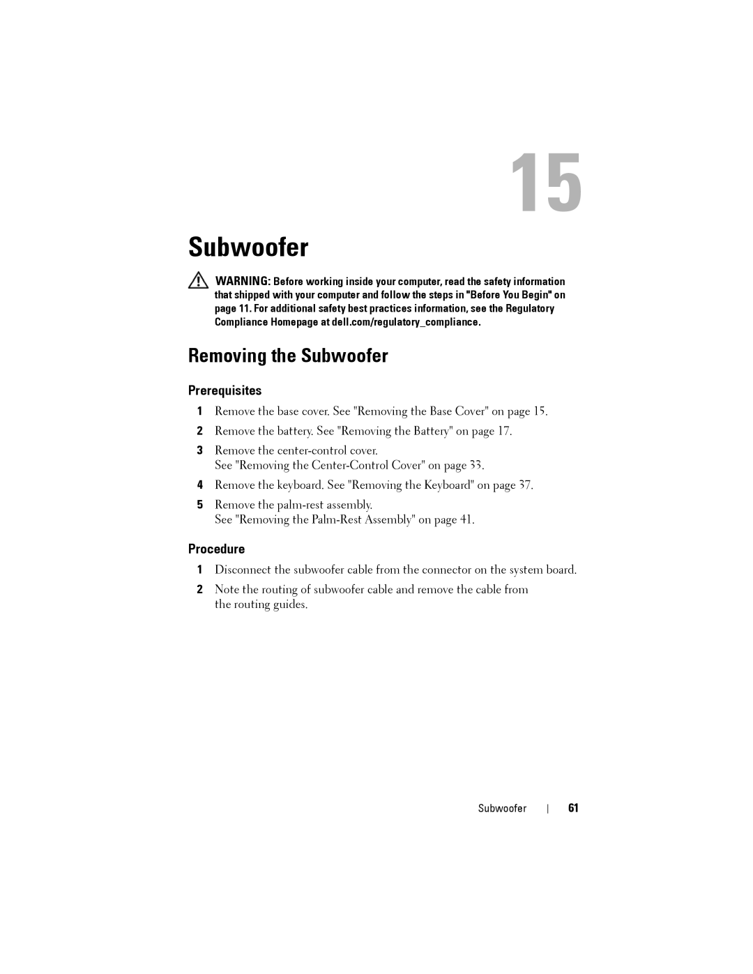 Alienware M14XR2 owner manual Removing the Subwoofer 