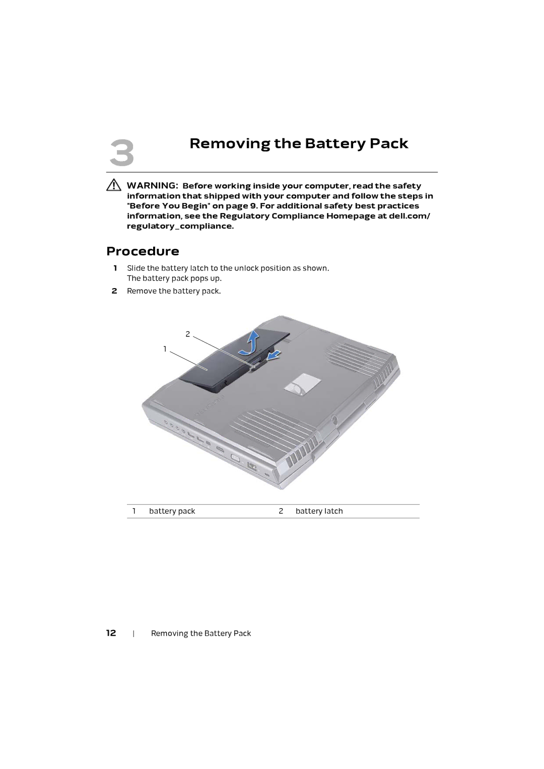 Alienware M17X R4 owner manual Removing the Battery Pack, Procedure 