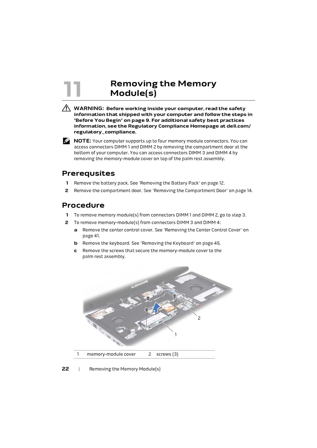 Alienware M17X R4 owner manual Removing the Memory, Modules 