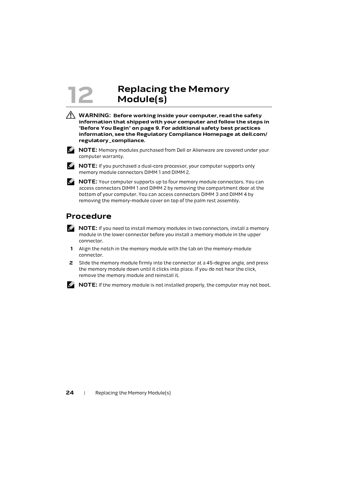 Alienware M17X R4 owner manual Replacing the Memory 