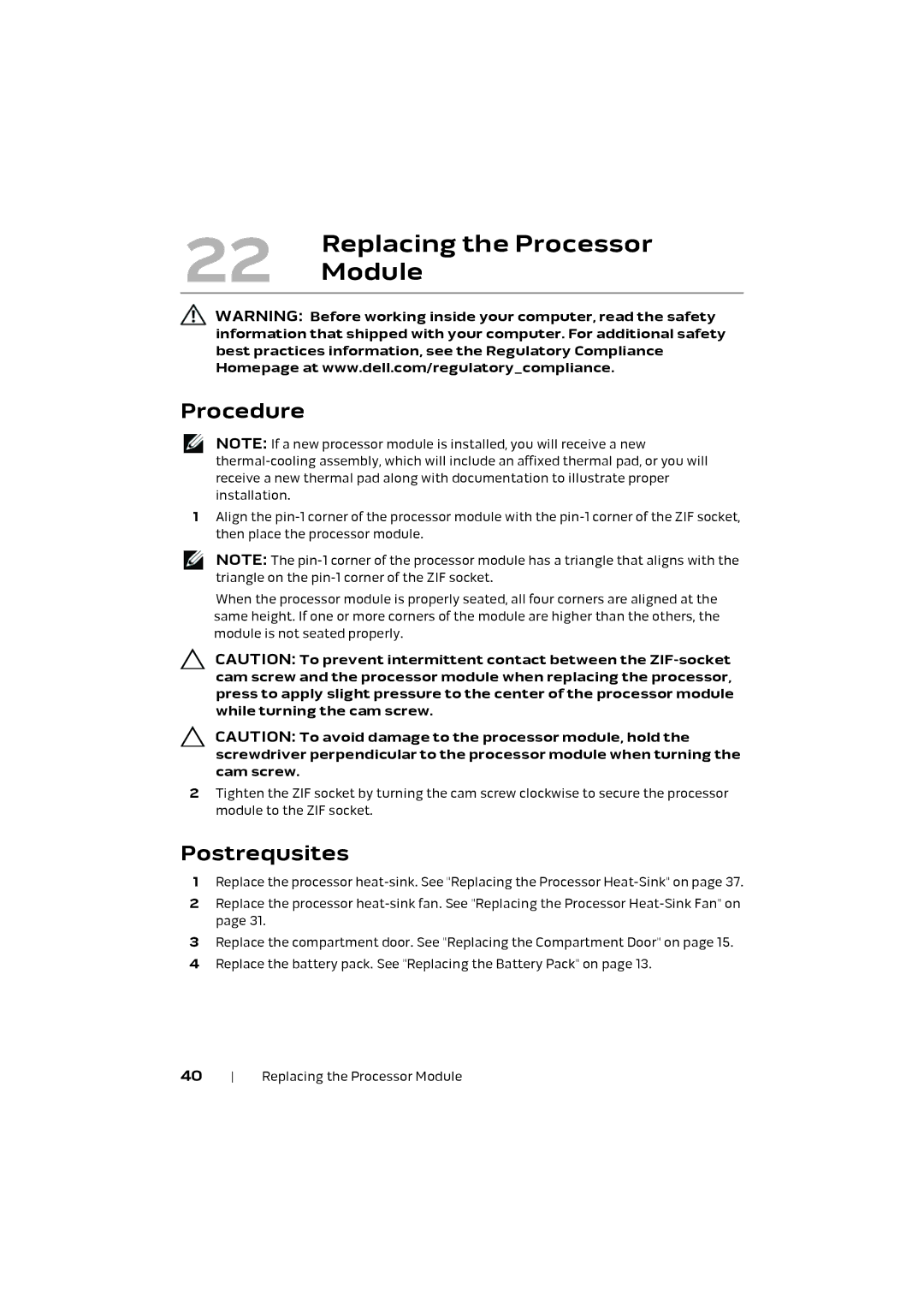 Alienware M17X R4 owner manual Replacing the Processor Module 