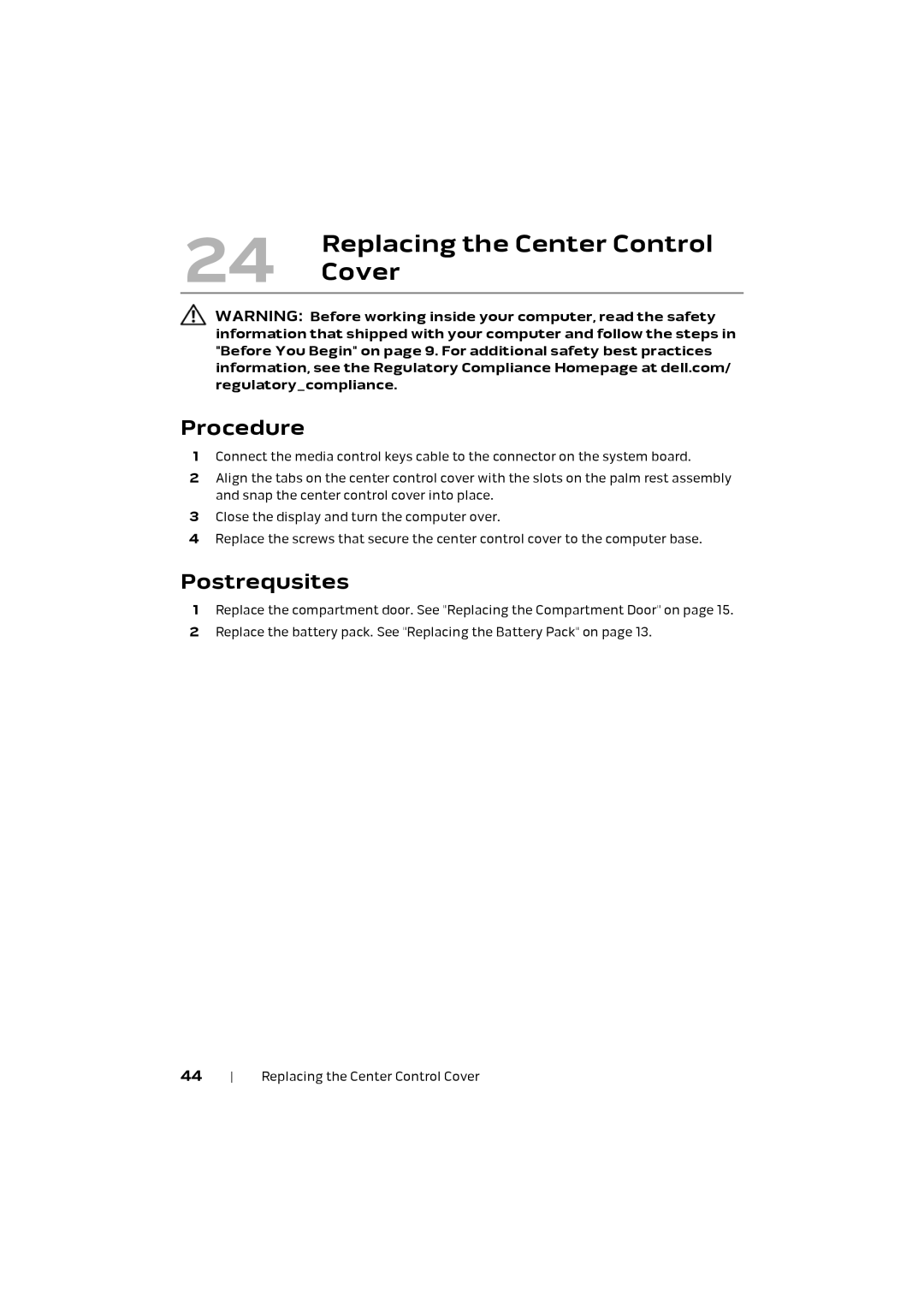 Alienware M17X R4 owner manual Replacing the Center Control, Cover 