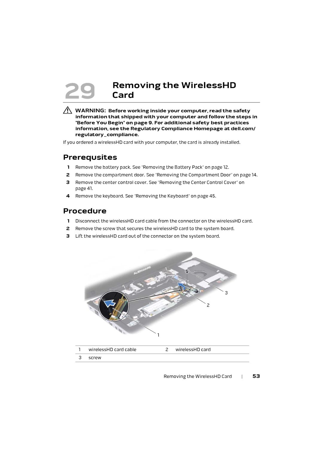 Alienware M17X R4 owner manual Removing the WirelessHD, Card 