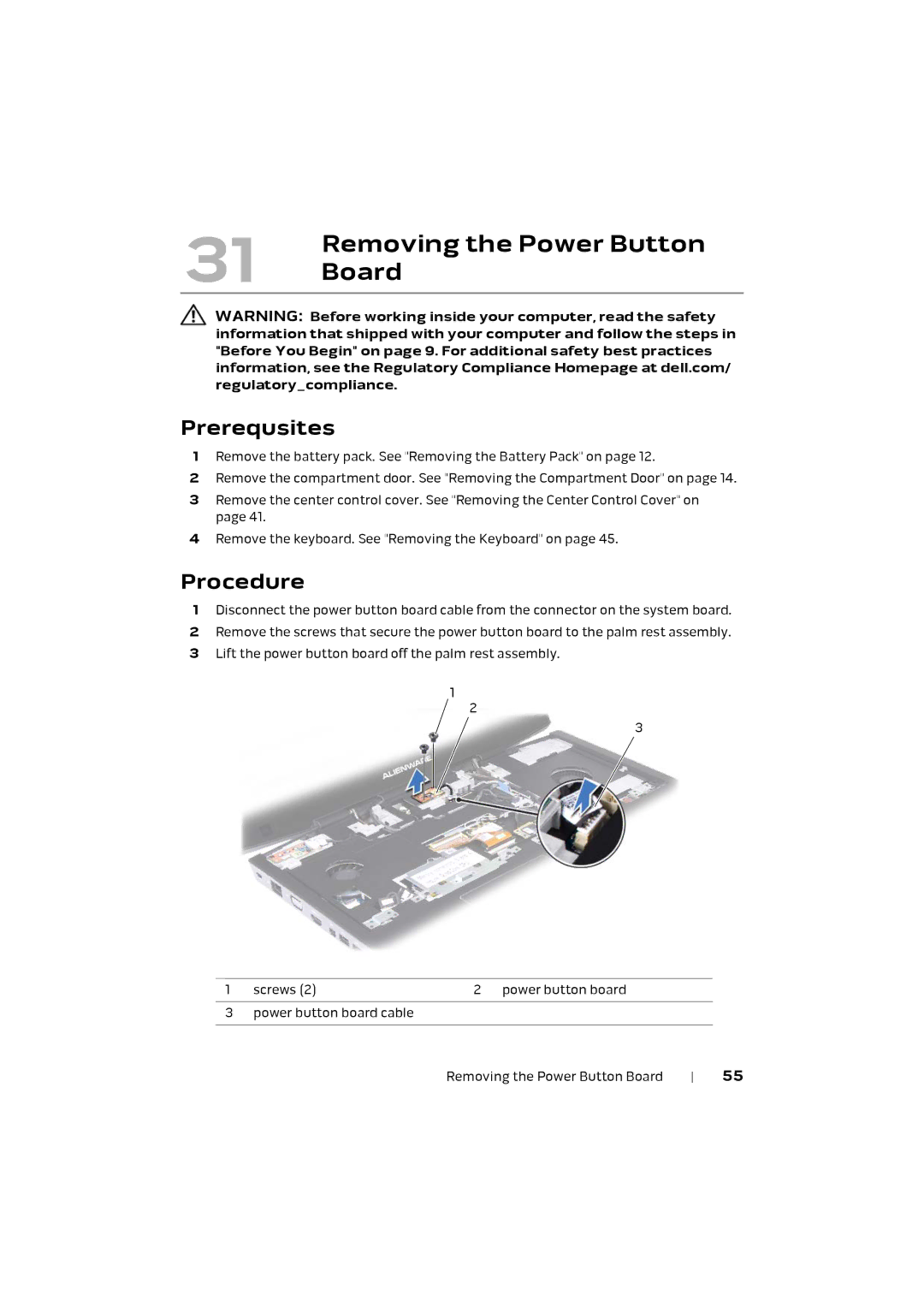 Alienware M17X R4 owner manual Removing the Power Button, Board 