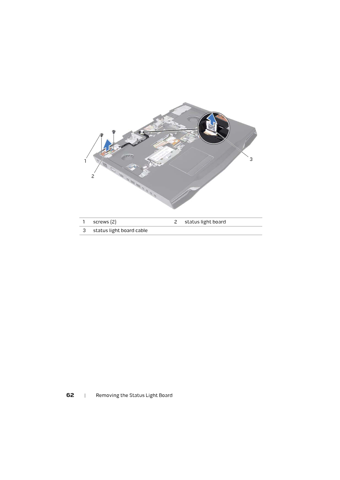 Alienware M17X R4 owner manual Screws Status light board Status light board cable 