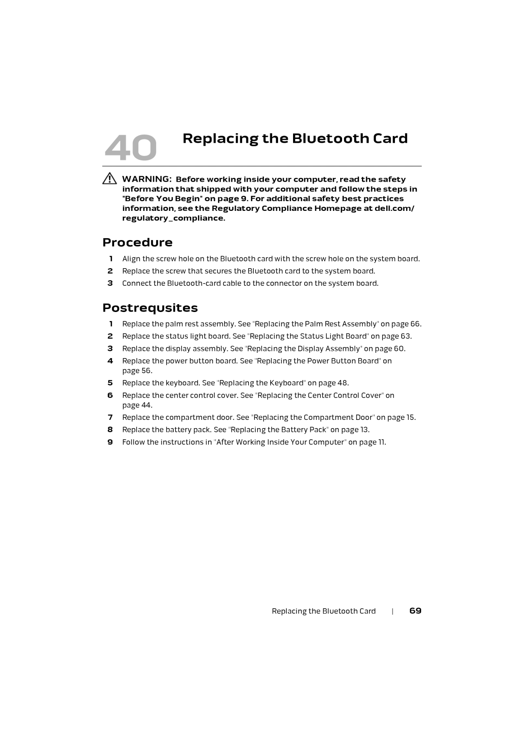 Alienware M17X R4 owner manual Replacing the Bluetooth Card 