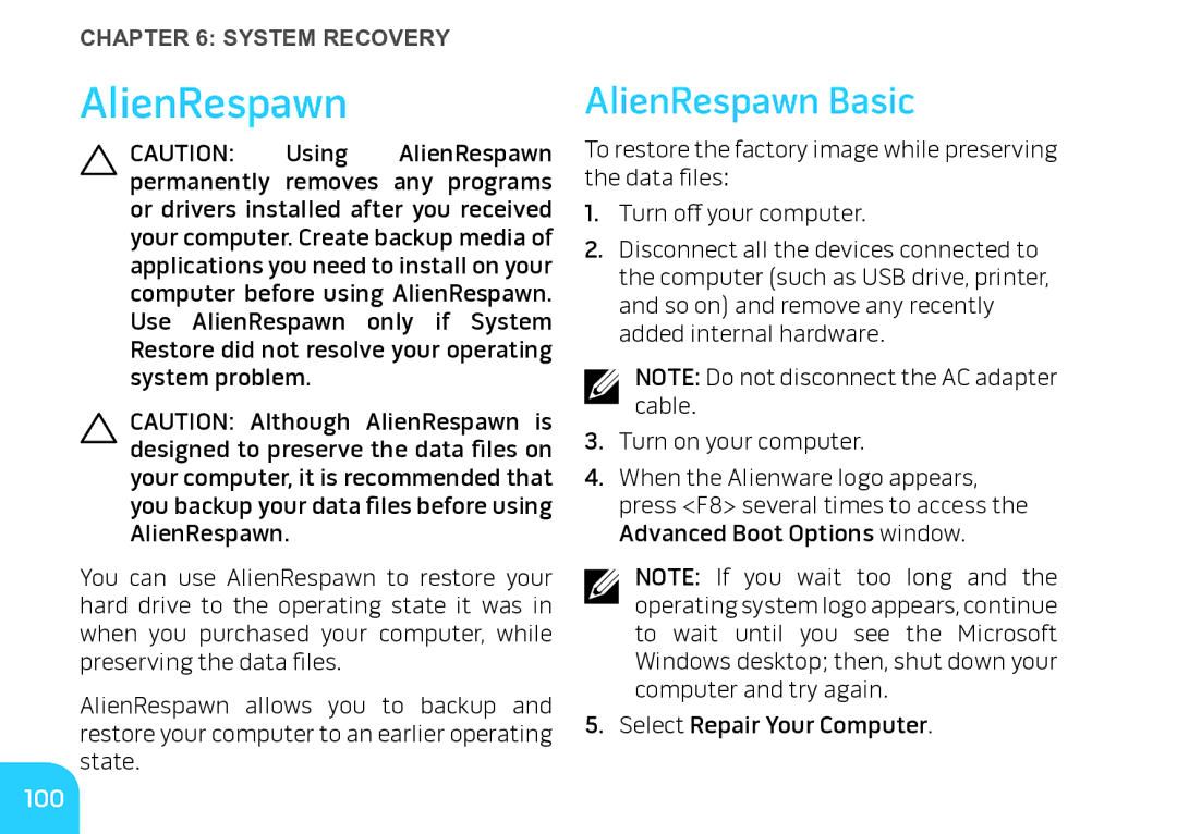 Alienware M17X manual AlienRespawn Basic, 100 