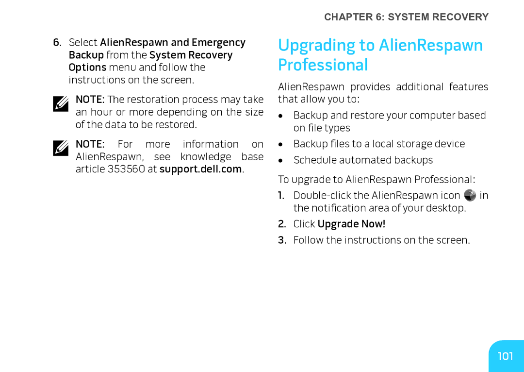 Alienware M17X manual Upgrading to AlienRespawn Professional, 101 