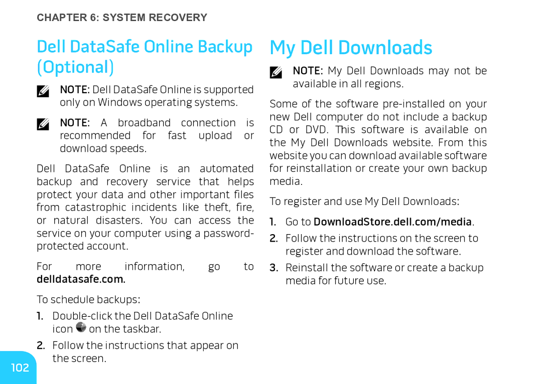 Alienware M17X manual My Dell Downloads, Dell DataSafe Online Backup Optional, 102 