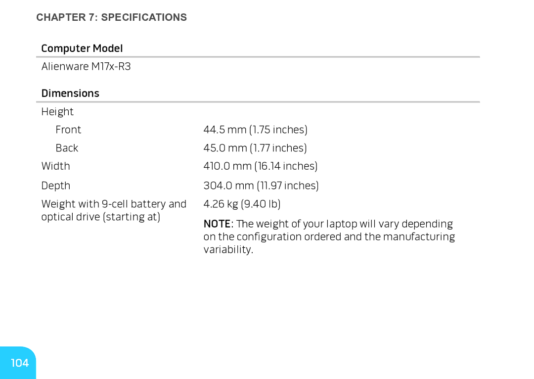 Alienware M17X manual 104, ﻿Pecifications﻿ 