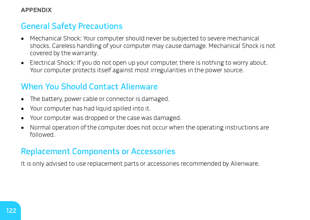 Alienware M17X General Safety Precautions, When You Should Contact Alienware, Replacement Components or Accessories, 122 