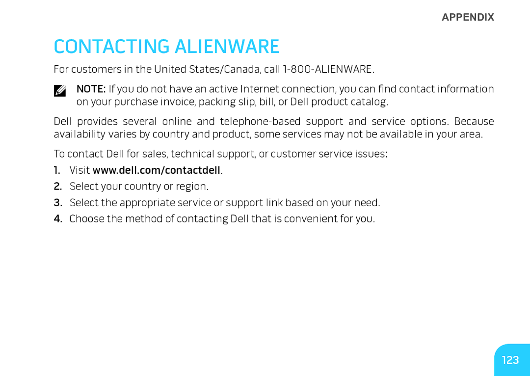 Alienware M17X manual Contacting Alienware, 123 