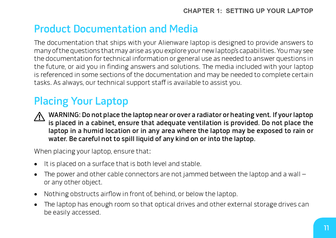 Alienware M17X manual Product Documentation and Media, Placing Your Laptop 